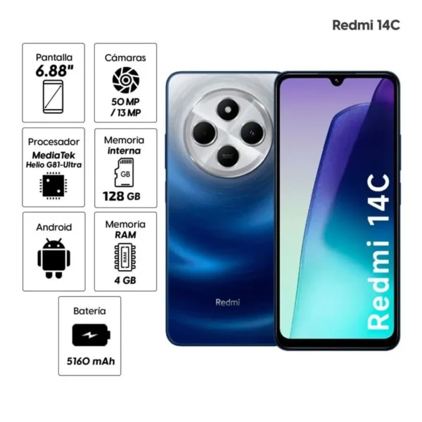 Celular Xiaomi Redmi 14C, 4GB RAM, 128GB Rom, cámara principal 50MP, cámara frontal 13MP, 6.88'', azul astral