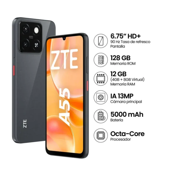 Celular ZTE Blade A55 4G 6.75", 128GB, 4GB ram, Android 14, procesador Octacore, negro