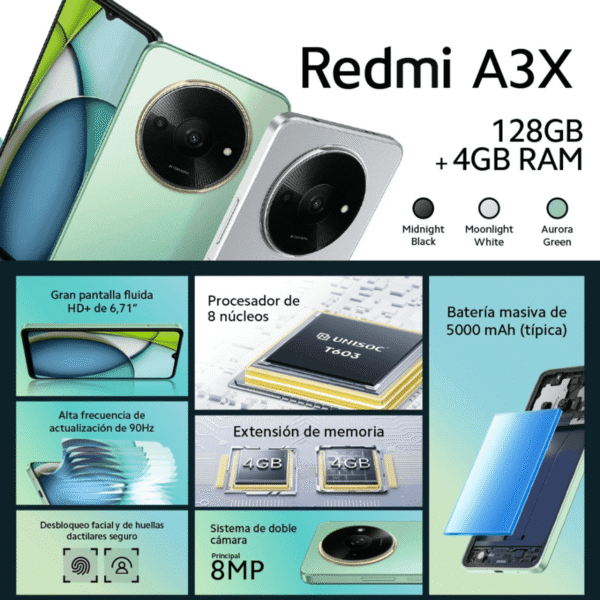 Celular Xiaomi Redmi A3X 4G 128GB, 4GB ram, cámara principal 8 MP + 0.8MP, cámara frontal 5 MP, 6.71", verde aurora