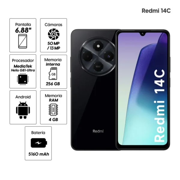Xiaomi Redmi 14C 256GB, 8GB ram, cámara principal 50MP+50MP+2MP, frontal 13MP, 6.88", negro