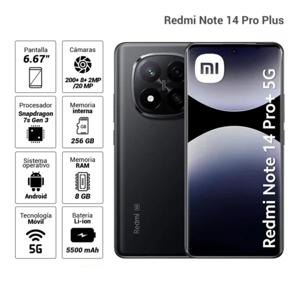 Celular Xiaomi Redmi Note 14 Pro Plus 5G 256GB, 8GB RAM, cámara principal 200MP + 8MP + 2MP, frontal 20MP, 6.67'', negro