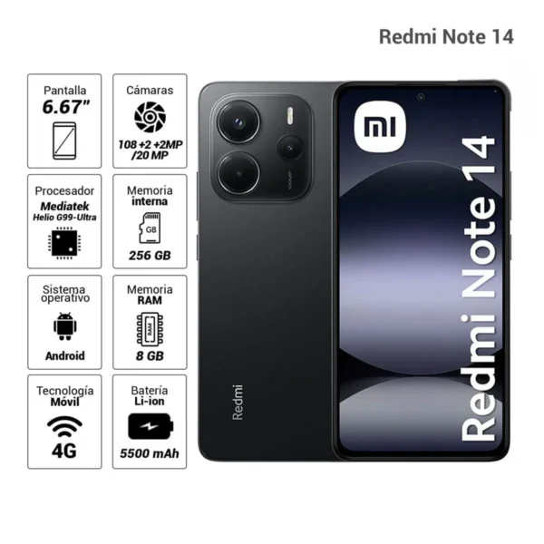 Celular Xiaomi Redmi Note 14 4G 256GB, 8GB RAM, cámara principal 108MP + 8MP + 2MP, frontal 20MP, 6.67'', negro