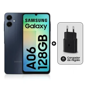 Celular Samsung Galaxy A06 4G 128GB, 4GB RAM, cámara principal 50MP + 2MP, frontal 8MP, 6.7", negro + cargador 15W