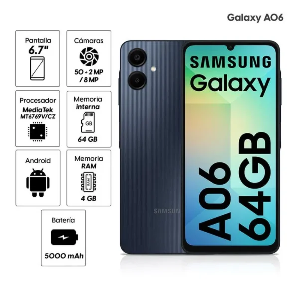 Celular Samsung Galaxy A06 4G 64GB, 4GB RAM, cámara principal 50MP + 2MP, frontal 8MP, 6.7", negro