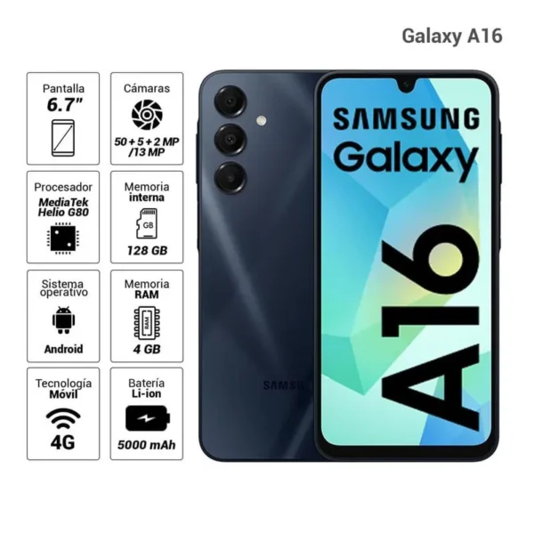 Celular Samsung Galaxy A16 4G 128GB, 4GB RAM, cámara principal 50MP + 5MP + 2MP, frontal 13MP, 6.7", negro