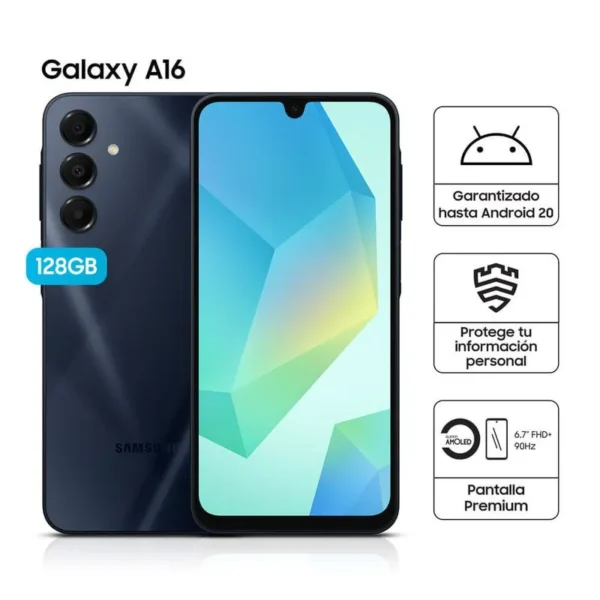 Celular Samsung Galaxy A16 4G 128GB, 4GB RAM, cámara principal 50MP + 5MP + 2MP, frontal 13MP, 6.7", negro