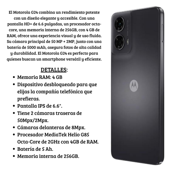 CELULAR MOTOROLA G24 256GB 4GB RAM 50MP + 2MP 6.6' NEGRO